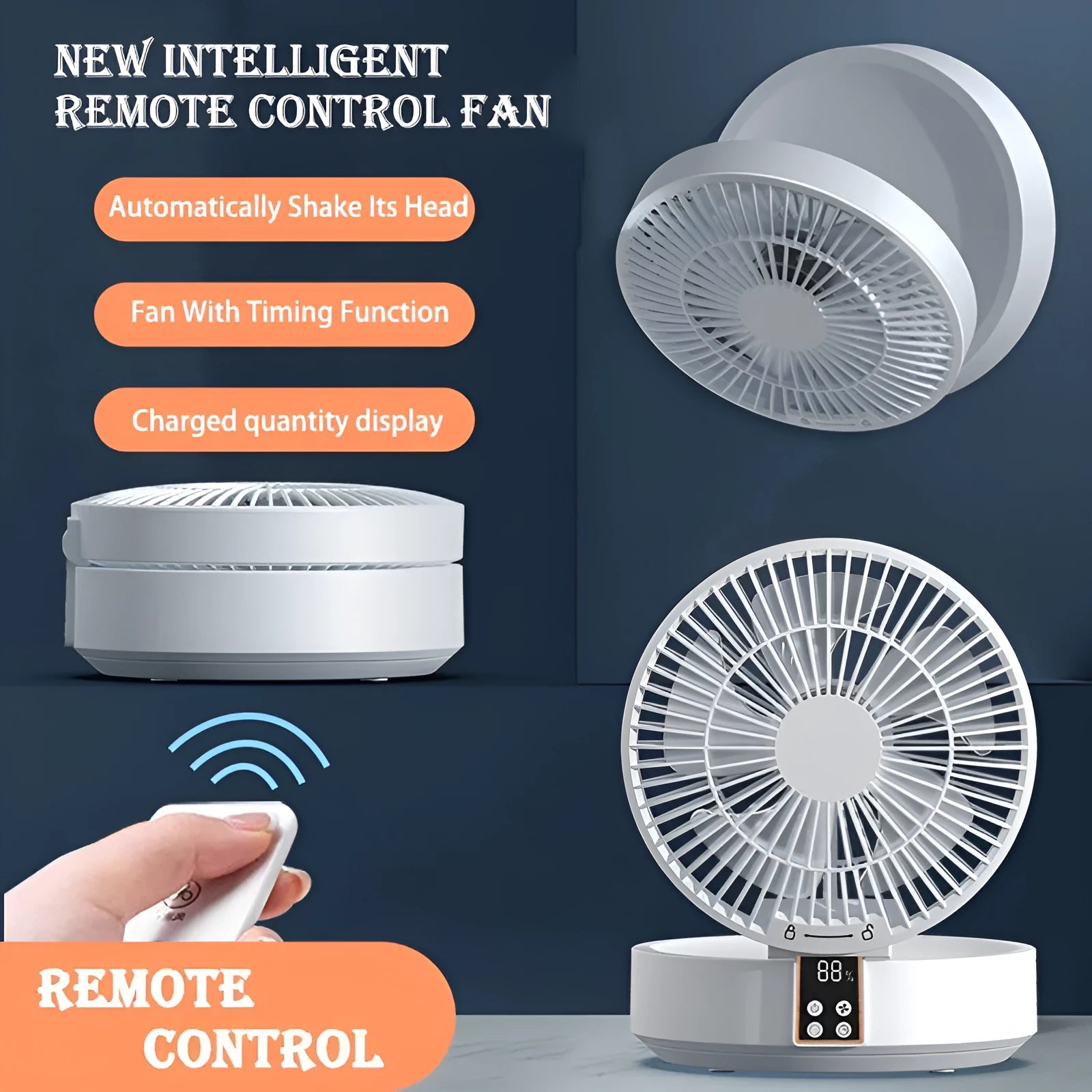 White rechargeable USB ceiling fan with remote control folded on a desk next to its charging cable.