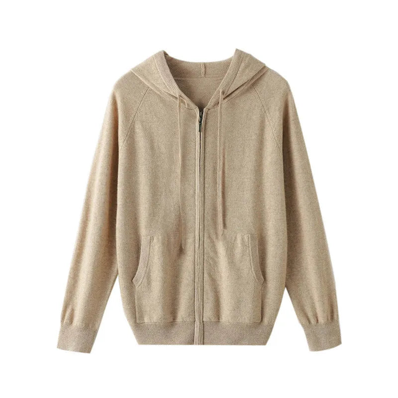Men's grey hooded cashmere cardigan with full zip front and long sleeves
