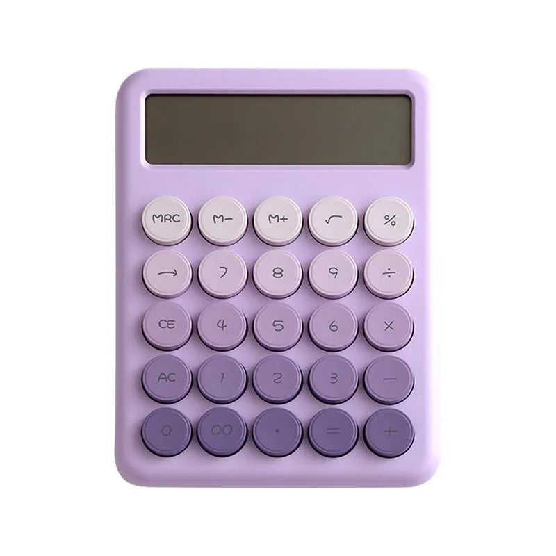 Dopamine gradient colour desk calculator in violet, pink, blue, and green on a white desk.