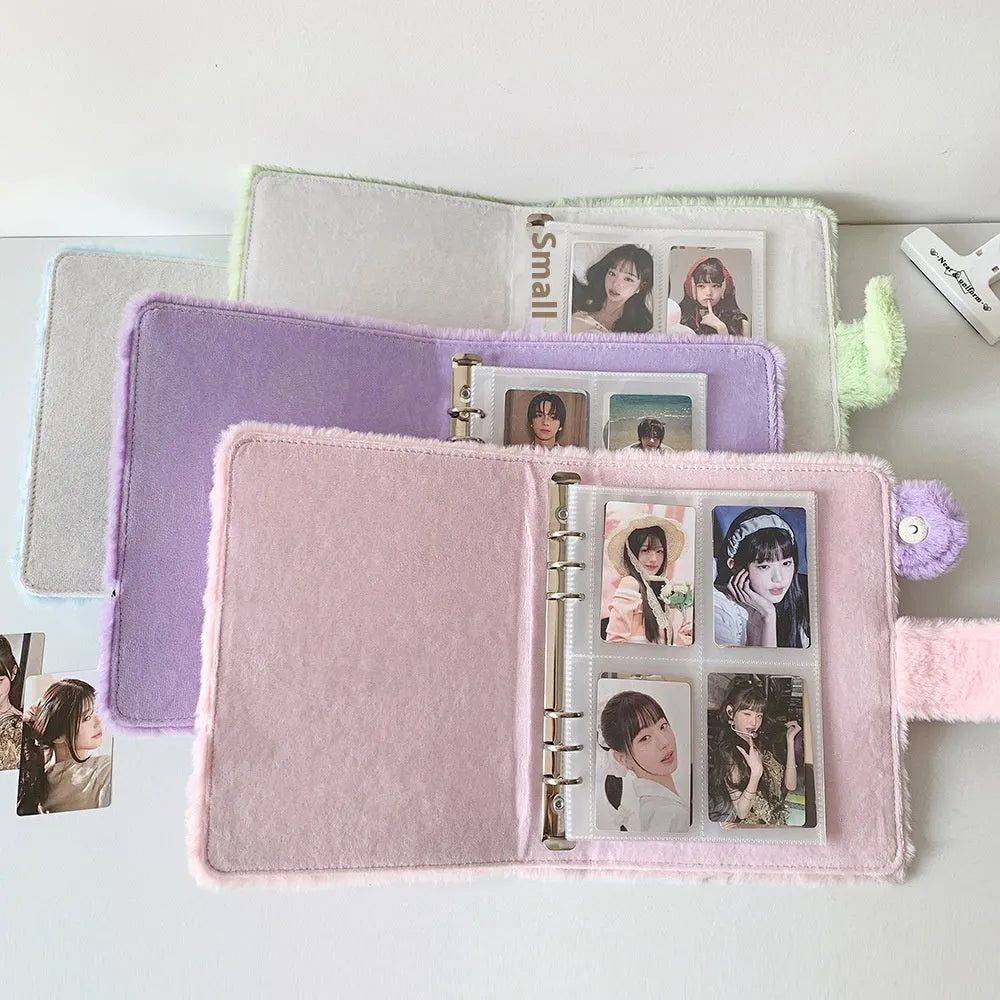Pink plush bow A5 photo album with loose-leaf rings, open showing blank inner pages