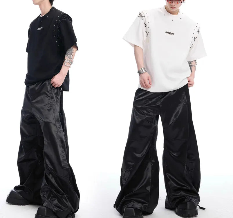 Black short-sleeve T-shirt with white lace-up cutout detail on the side