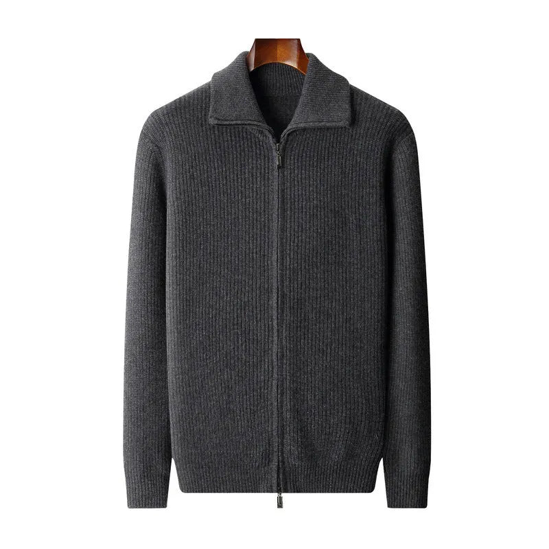 men's wool zipper cardigan fall winter lapel shirt coat pure wool knitted jacket long sleeve standard wool dark gray black S M L XL XXL 3XL adult male youth casual wear daily use cold season office layering piece non-iron finish