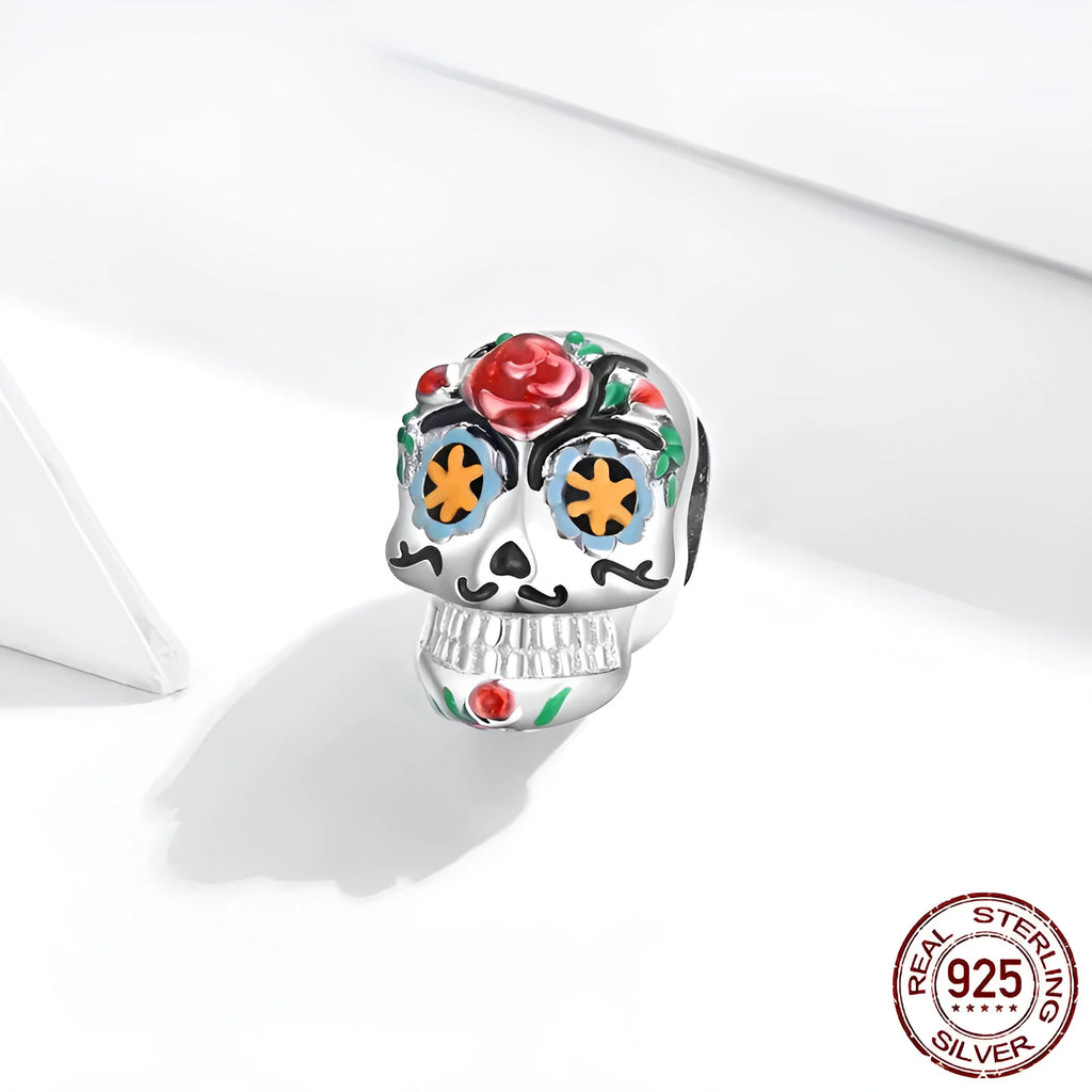 S925 silver Halloween skull bead with platinum plating and oil drip finish, 1.3x0.8cm, silver only