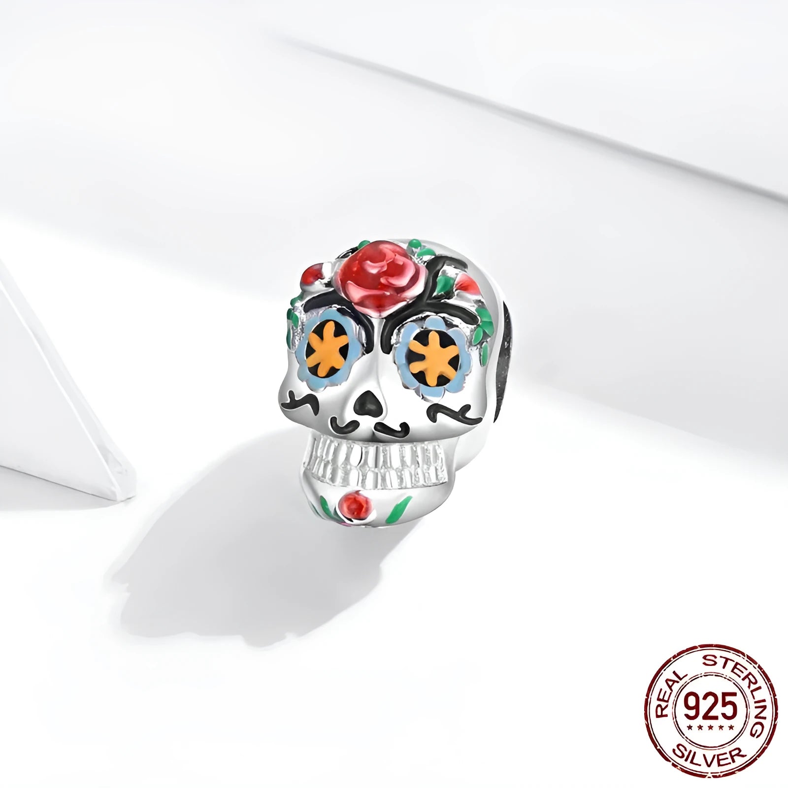 S925 silver Halloween skull bead with platinum plating and oil drip finish, 1.3x0.8cm, silver only