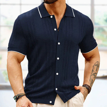 Short-sleeve polo shirt in brown, navy blue, and khaki colors with unique flocked design and regular fit