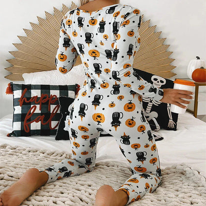 A comfortable and stylish Halloween-themed cotton pajama jumpsuit with long sleeves, available in a variety of festive colors.