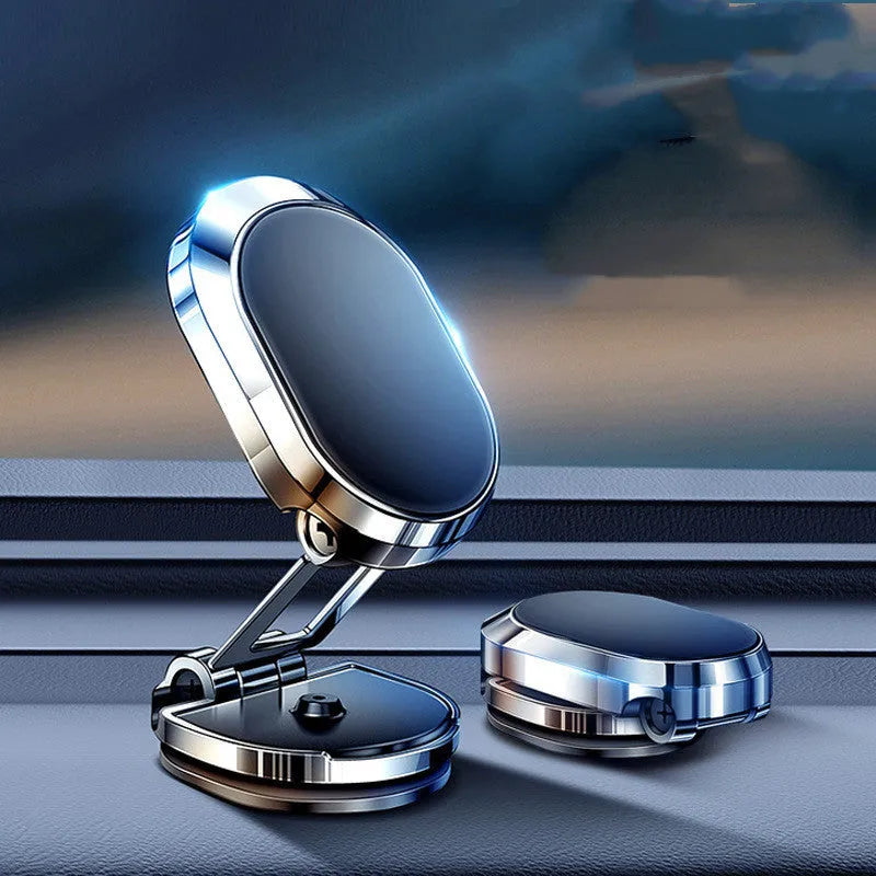 Folding magnetic phone holder in black on car dashboard with phone attached