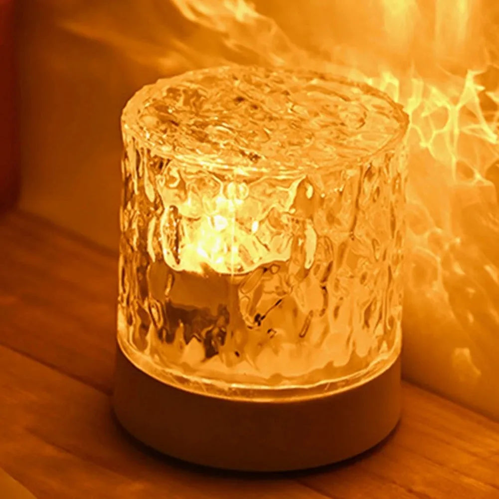 Crystal water ripple projector night light with acrylic lampshade, USB charging and touch control on a table