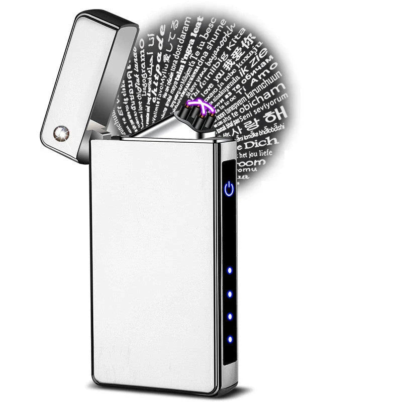 Customizable 100-language love projection lighter with dual-arc flame, made of premium zinc alloy in various color options