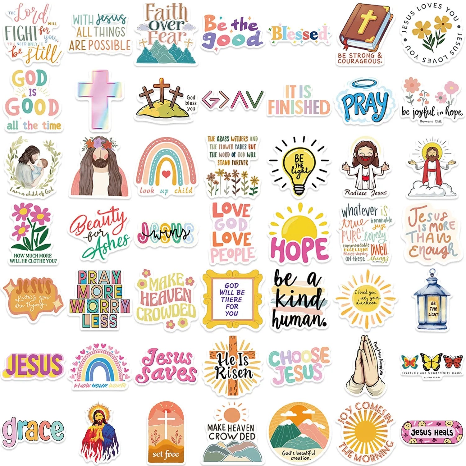 Assortment of 50 colourful printed graffiti stickers with random patterns for decoration.