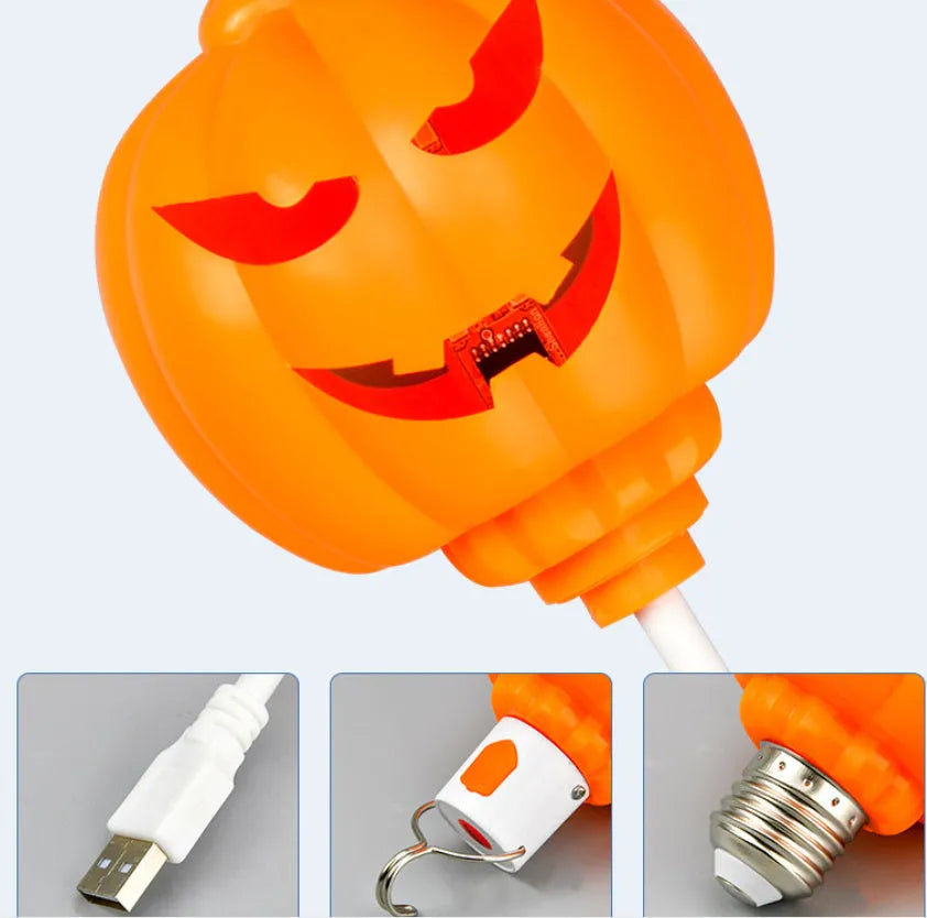 Plastic pumpkin decorative lamp with USB charging port and yellow or purple light options