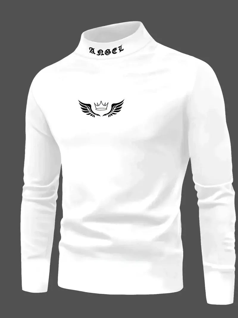 Women's casual crown print high neck long sleeve top in white or black, slim fit polyester pullover