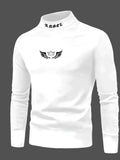 Women's casual crown print high neck long sleeve top in white or black, slim fit polyester pullover