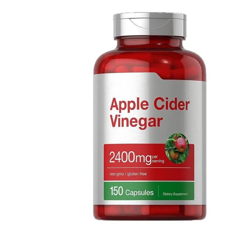 Bottle of 150 apple vinegar health supplement capsules on a white background.