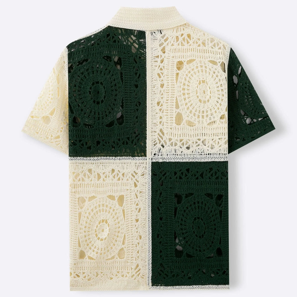 Men's beige colourblock short sleeve acrylic knit shirt with flocking detail on a hanger