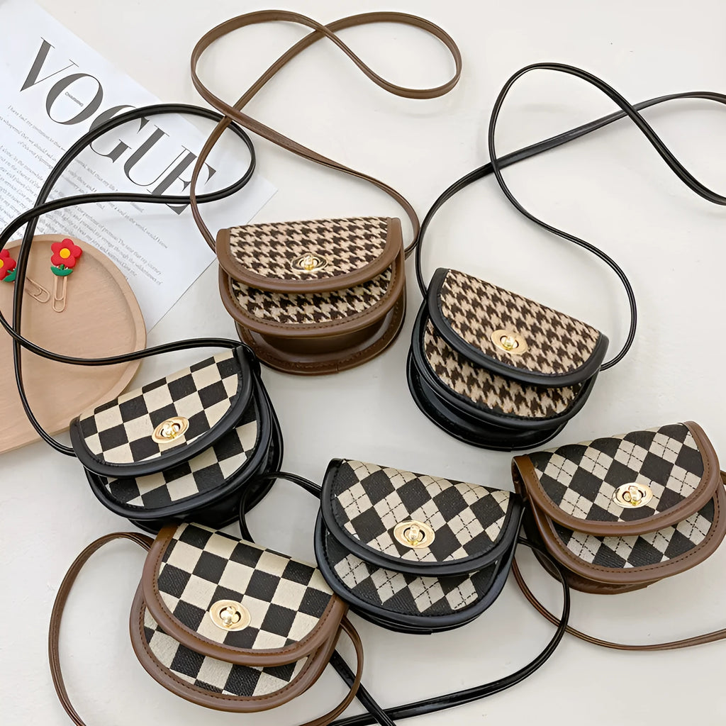 Children's PU leather checkerboard backpack in black rhombus plaid with small capacity and breathable design