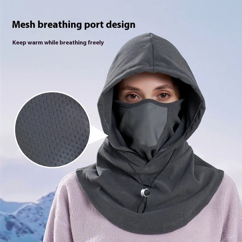 Versatile winter sports mask and hood made of soft, breathable fleece with adjustable drawstring for customized fit