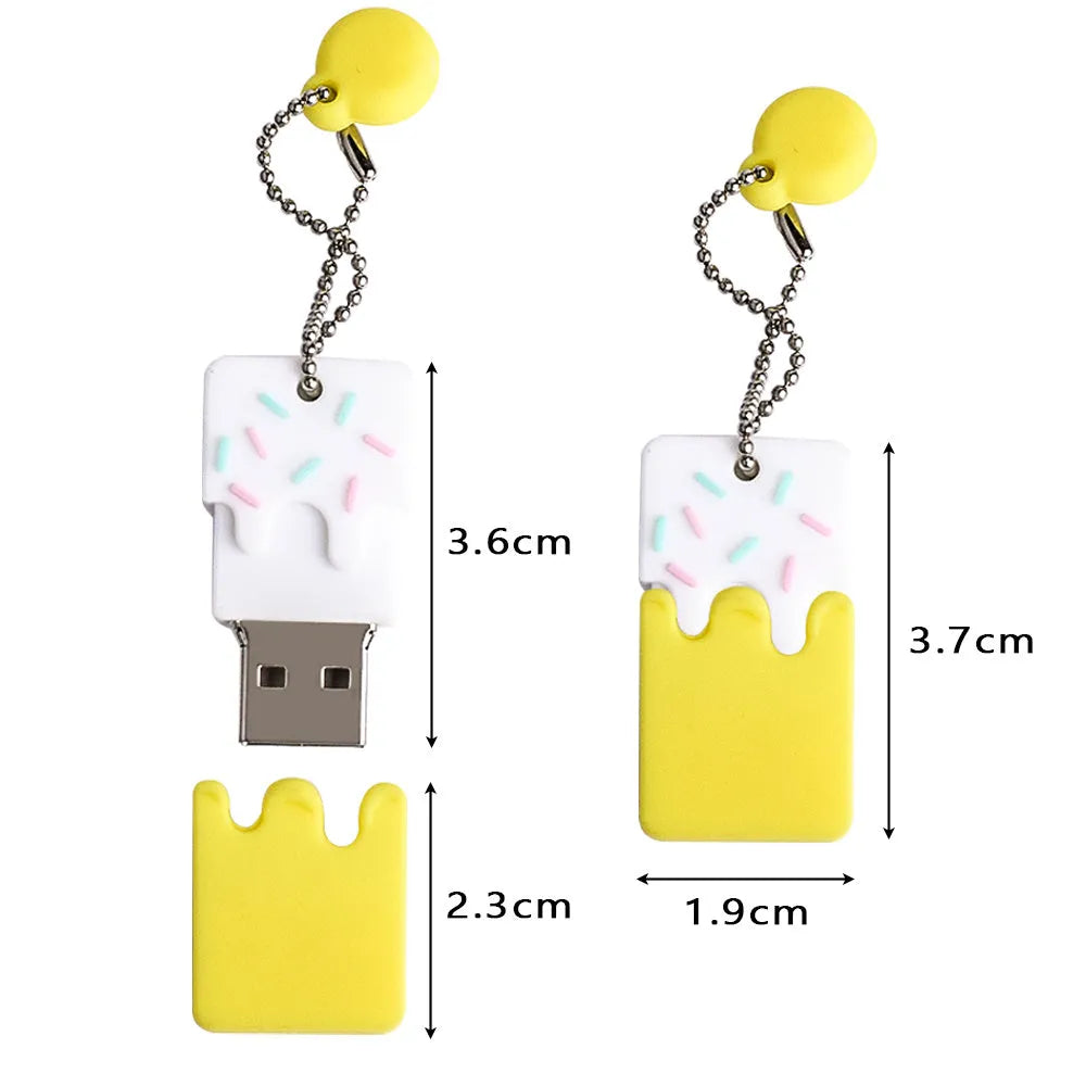 Cartoon cake pendant USB flash drive with PVC case, anti-loss attachment and 32GB capacity.