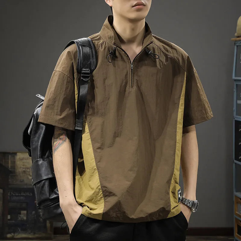 Brown men's Ice Silk half-zip shirt with stand collar and short sleeves laid flat