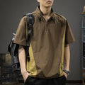 Brown men's Ice Silk half-zip shirt with stand collar and short sleeves laid flat