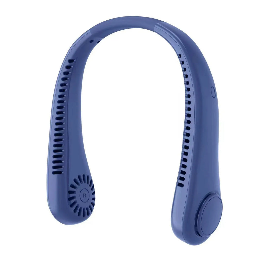 Rechargeable neck fan worn around neck with bladeless design and decentralised air outlet