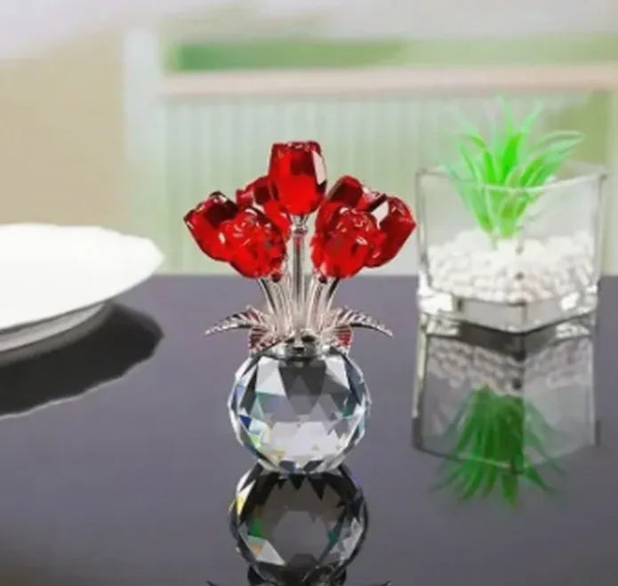 K9 crystal glass rose ornament with wire drawing details in seven colour options for home decoration