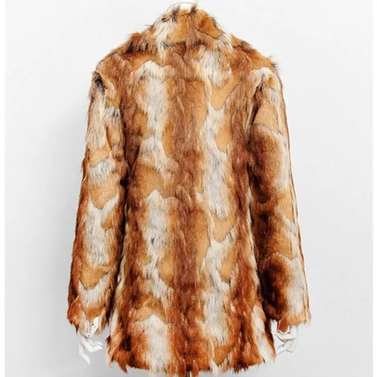 Women's tiger pattern faux fur leather jacket with slim fit and 65cm length
