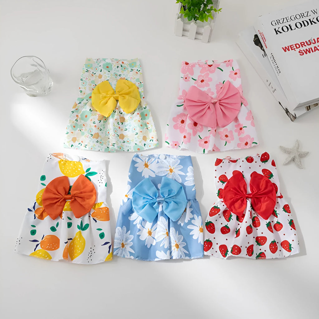 Ultra-thin polyester pet dress with floral butterfly knot design in multiple colour options
