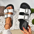 Rhinestone belt buckle platform sandals with round toe, PU upper, and rubber sole in black and white colours