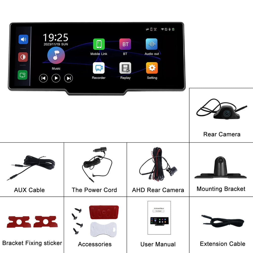 10.26-inch car digital video recorder with rear view camera system on vehicle dashboard