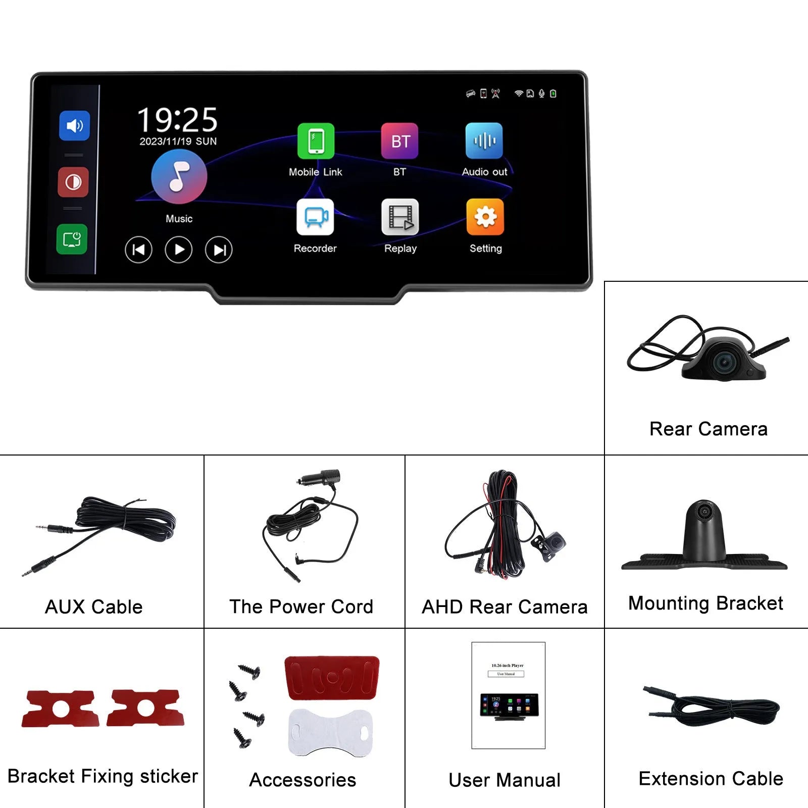 10.26-inch car digital video recorder with rear view camera system on vehicle dashboard