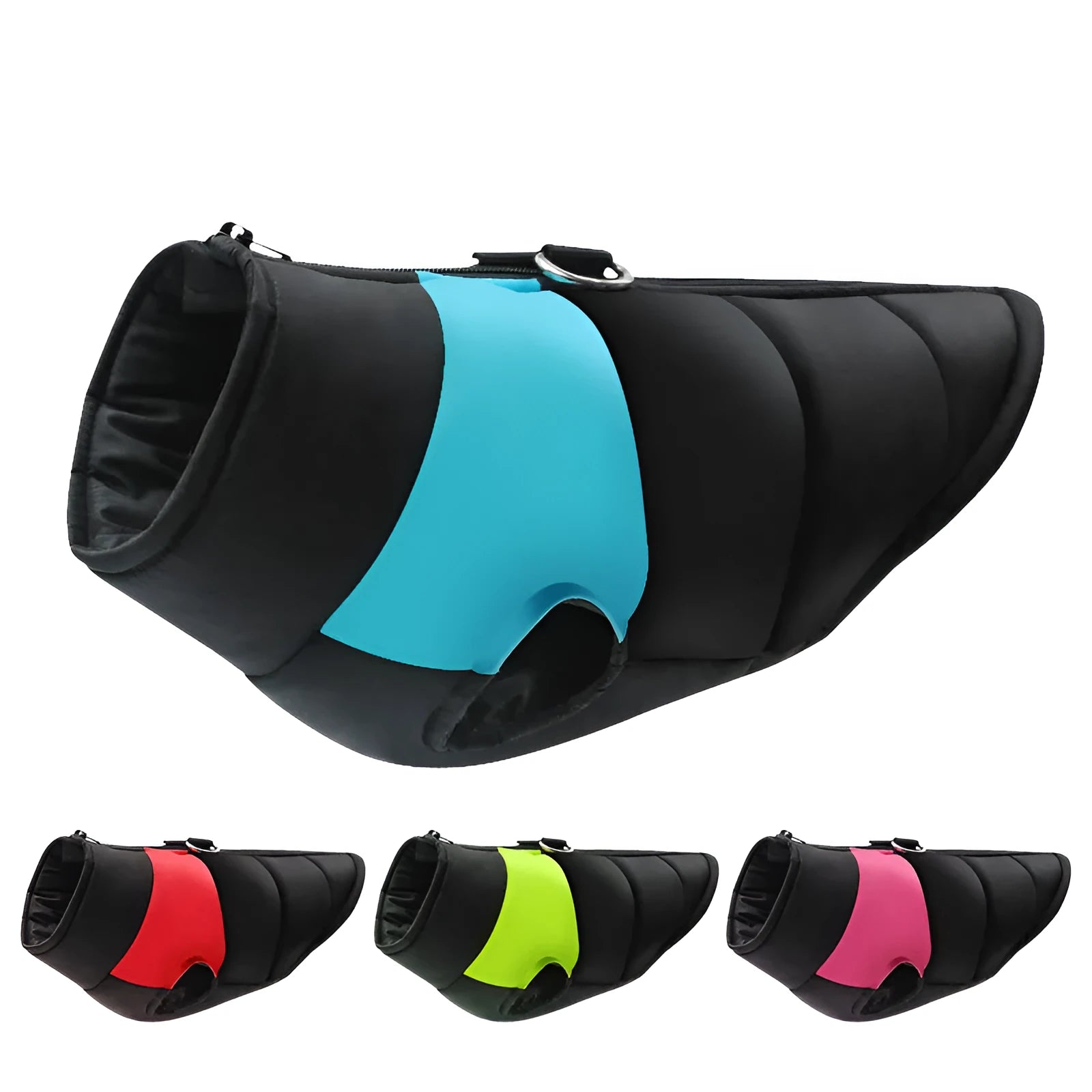Waterproof padded dog jacket with front zipper, shown in multiple colours and sizes for small to large breeds.