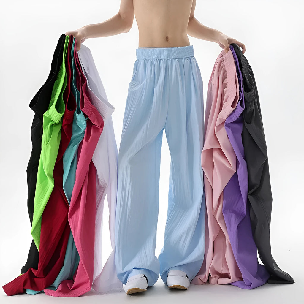 Men's high-waist wide-leg casual trousers in thin polyester blend, long mopping style, available in nine colours