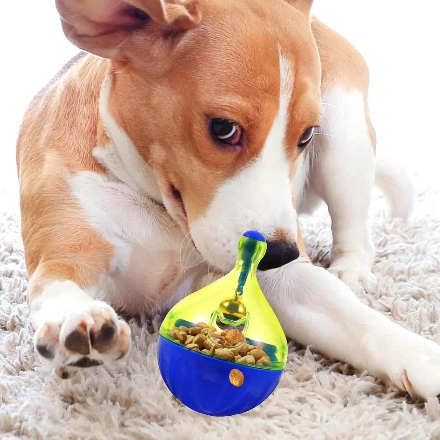 Blue and white tumbler-shaped plastic pet treat dispenser ball on a wooden floor.