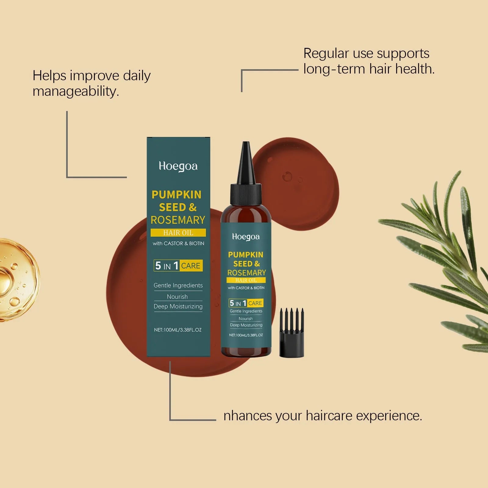 100ml rosemary essential oil bottle with pointed applicator and hair comb for scalp treatment