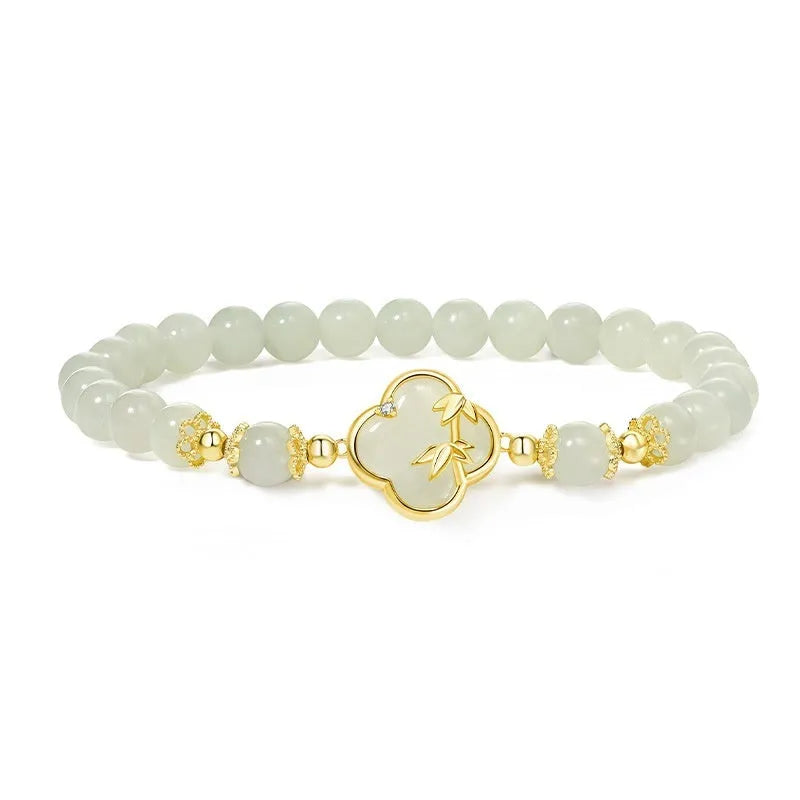 Hetian Jade bracelet and necklace set with bamboo newspaper tone colour and leaf design