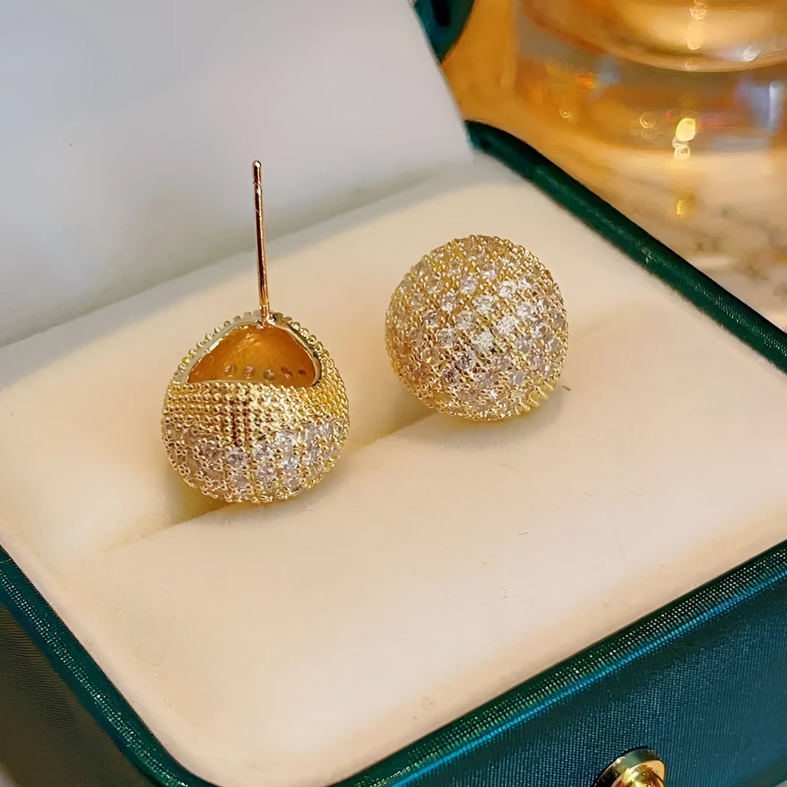 Geometric drop earrings with full diamond little golden beans design in gold and white colours