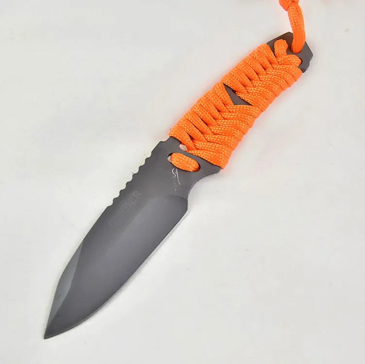 Straight blade outdoor survival knife with binding rope handle next to ABS plastic sheath