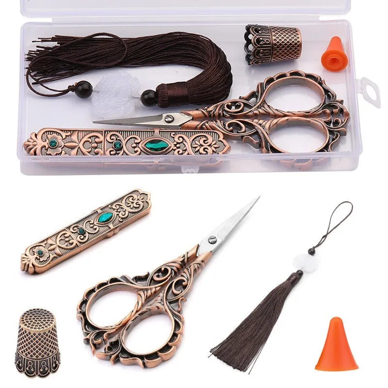 Retro walking in the waves sewing tool set boxed with stainless steel scissors and awl in gold