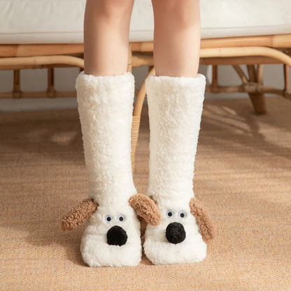 Cozy cartoon dog print socks with soft, plush acrylic material and non-slip grip