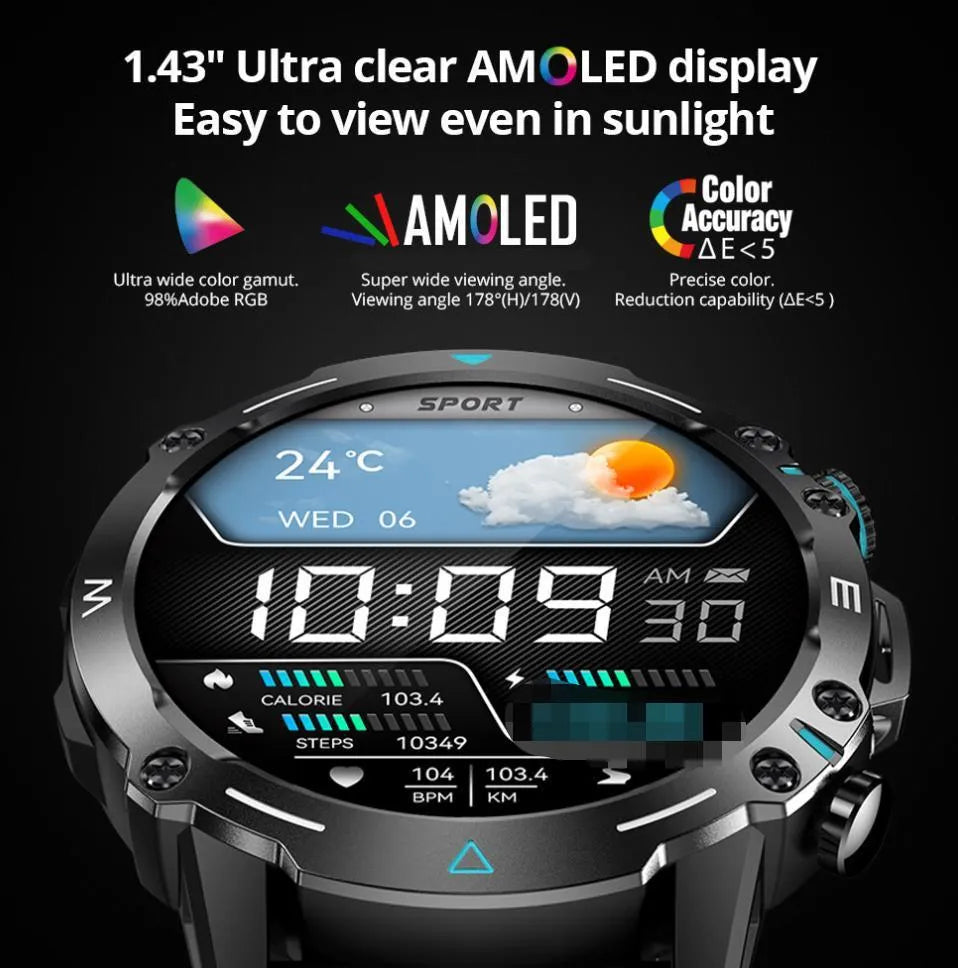 M42 Smart Watch in black, green, or grey on wrist, showing large AMOLED screen.