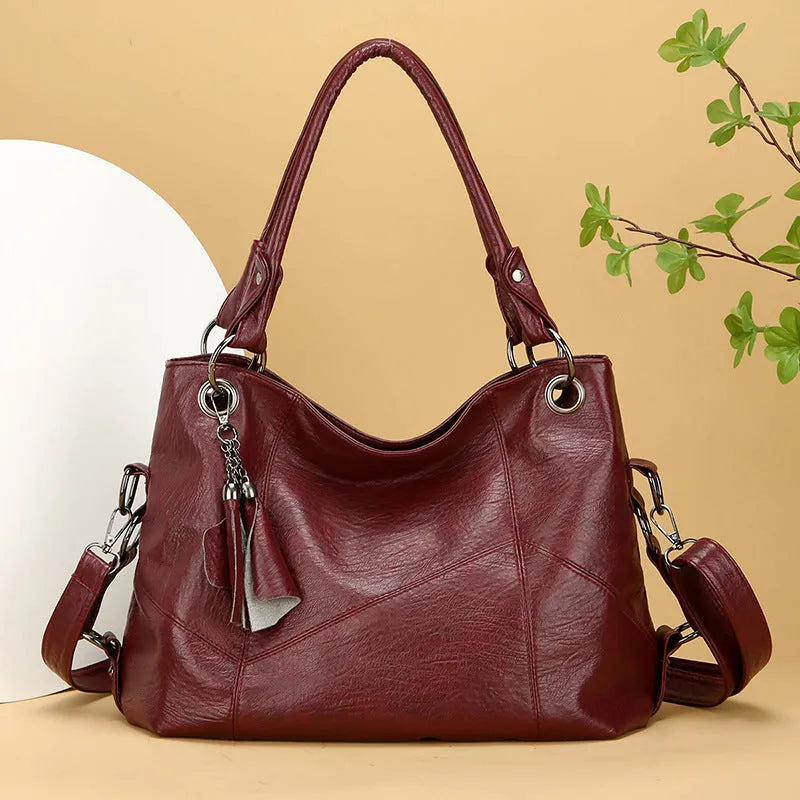 Retro large capacity soft PU stitching handbag in black with horizontal square shape and sandwich pocket