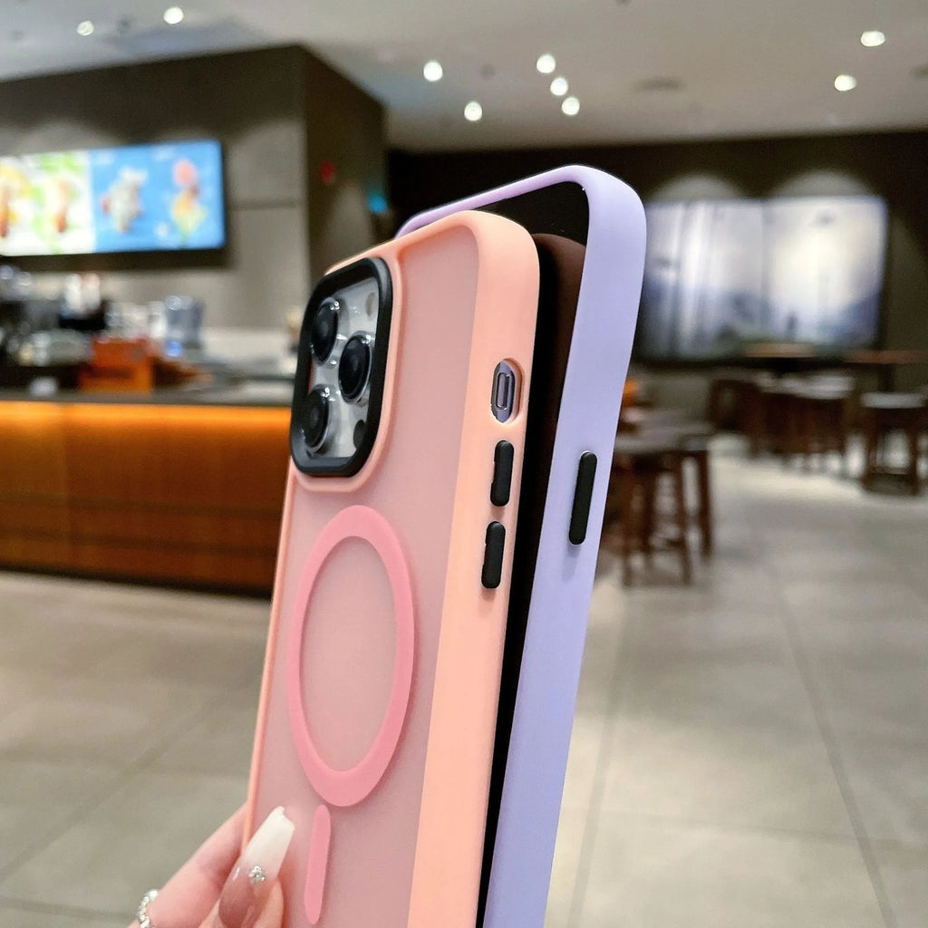 Frosted magnetic hard phone case for Apple iPhone 16 in various colours on a table.