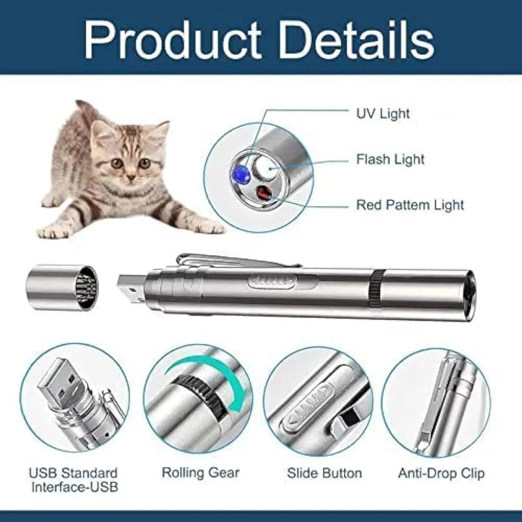 Silver aluminium alloy cat toy pointer with light patterns, metal clip, and USB charging port