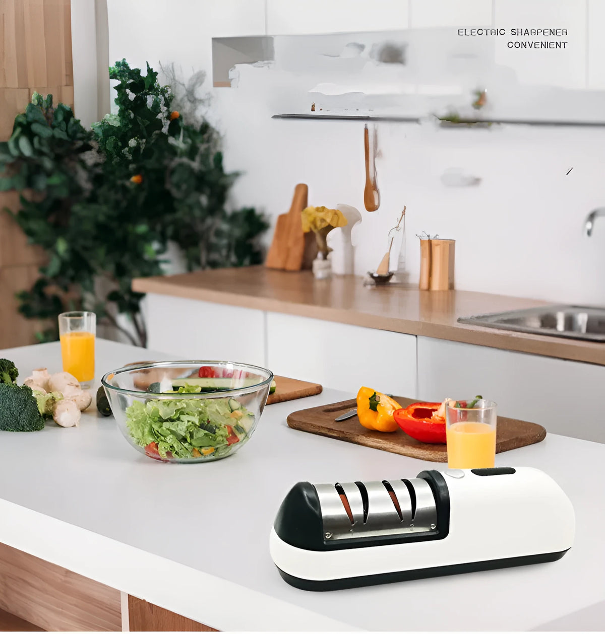Rechargeable electric knife sharpener with ABS stainless steel body, USB charging port, compact size 20x6.3x7cm, black colour