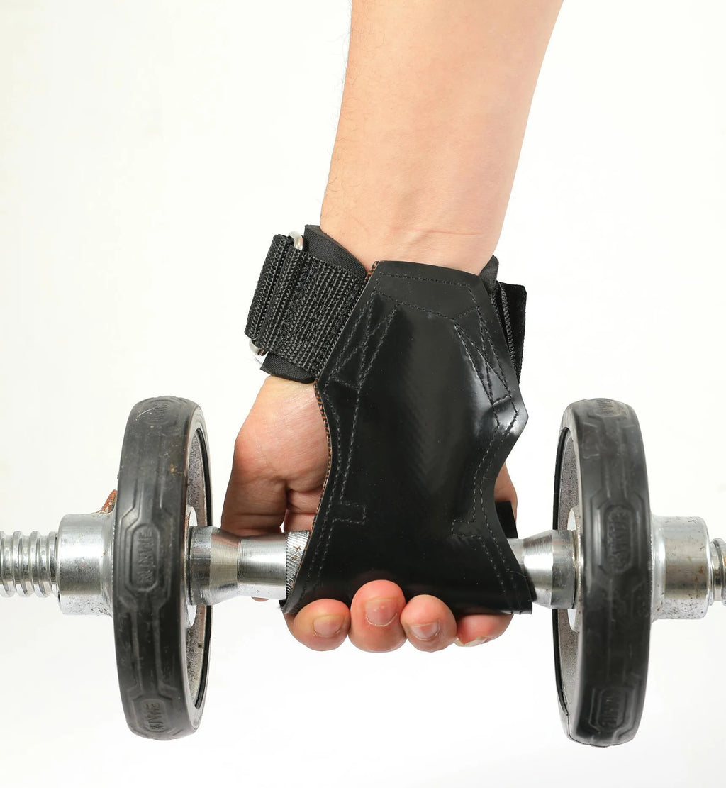 Black rubber non-slip palm protection grip belt for weightlifting and rock climbing.