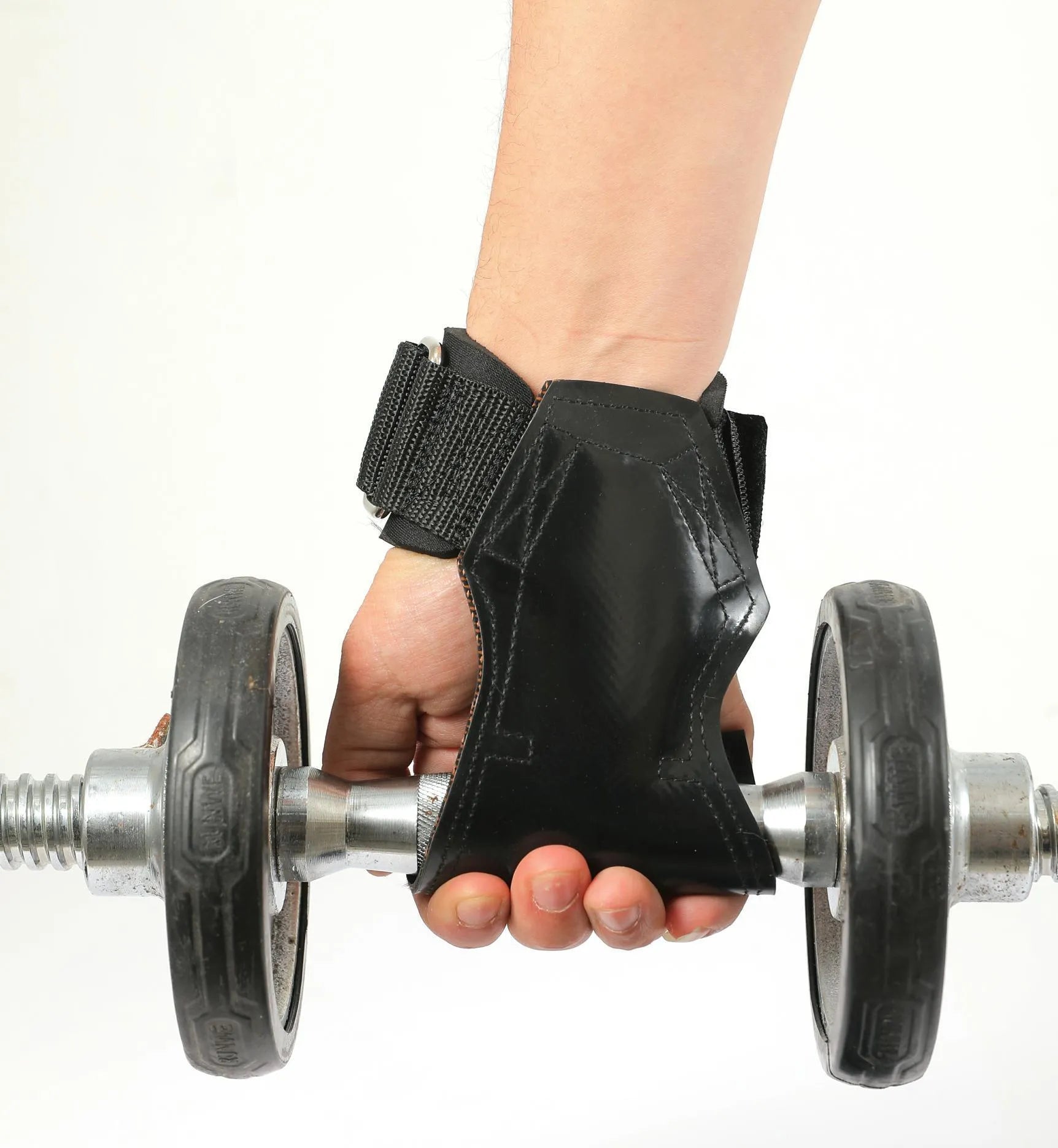 Black rubber non-slip palm protection grip belt for weightlifting and rock climbing.