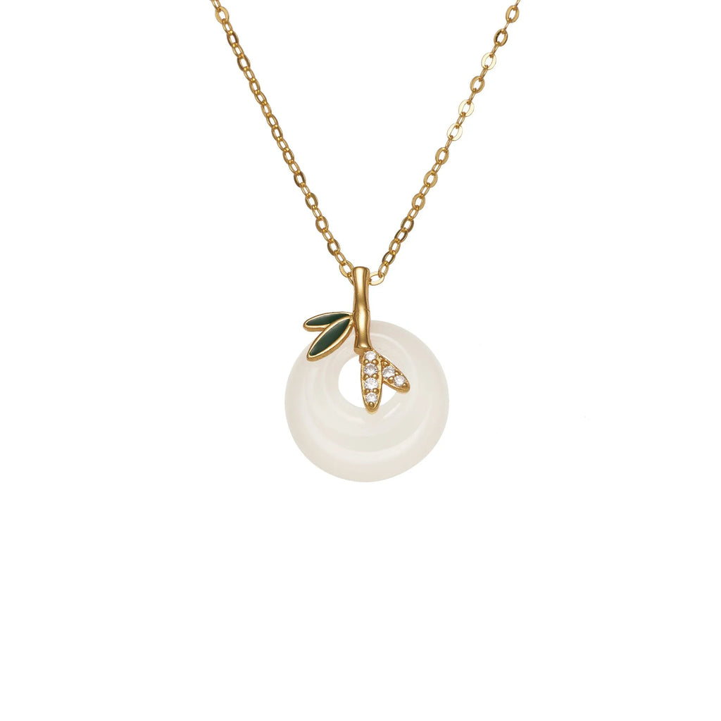 Natural chalcedony peace buckle pendant necklace in 925 silver with leaf shape and bamboo joint design, white gold finish