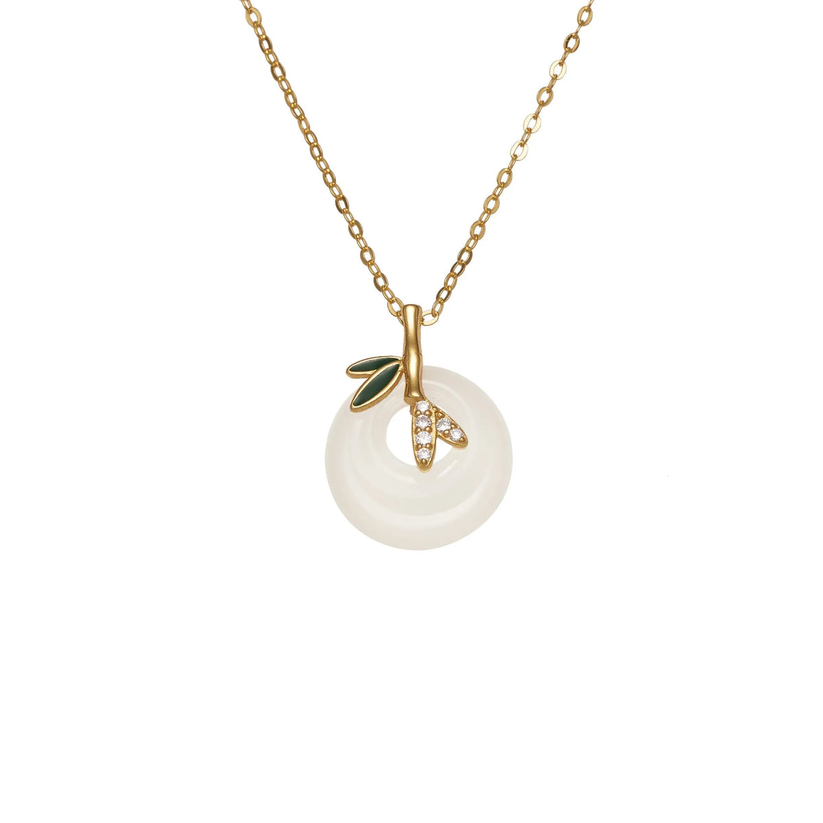 Natural chalcedony peace buckle pendant necklace in 925 silver with leaf shape and bamboo joint design, white gold finish