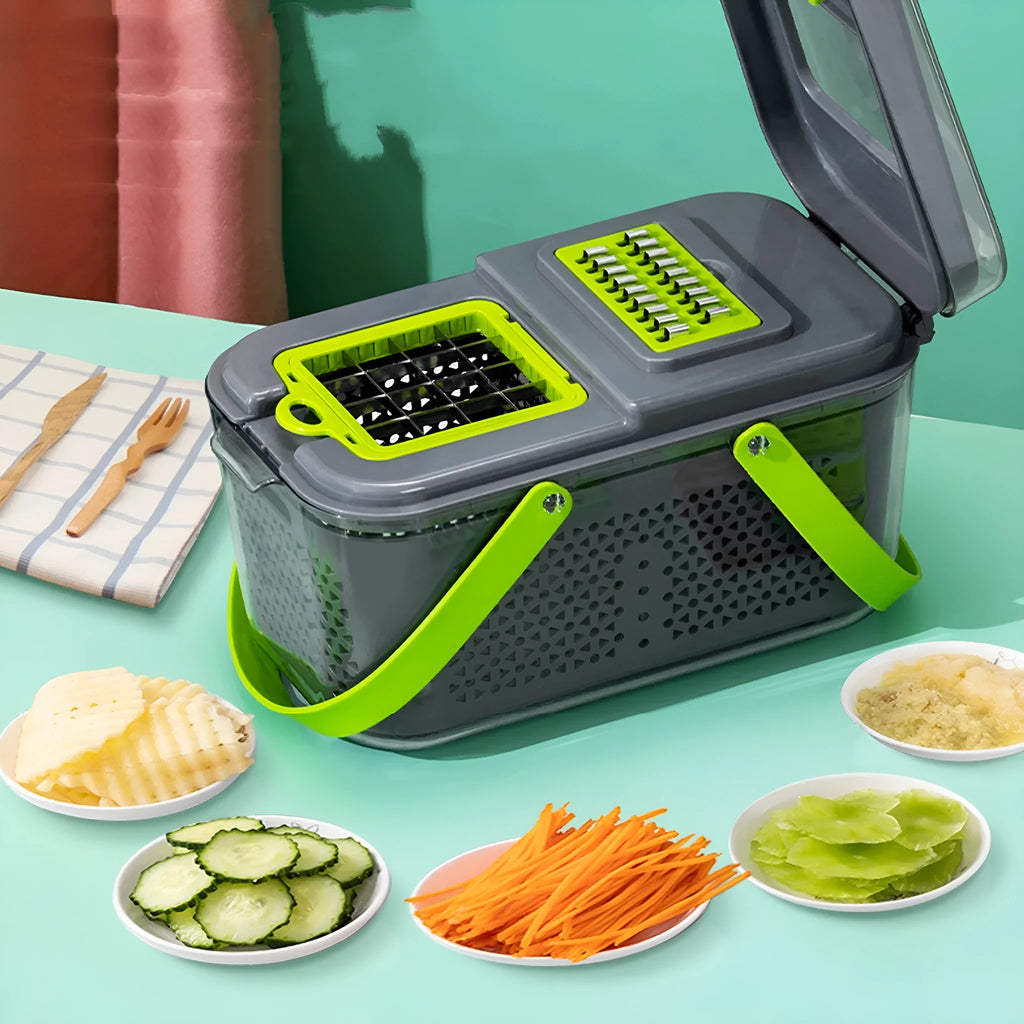 Grey multifunctional vegetable cutter with stainless steel blades and ABS body, foldable design, water filter basket, 26x15.5x14.5 cm